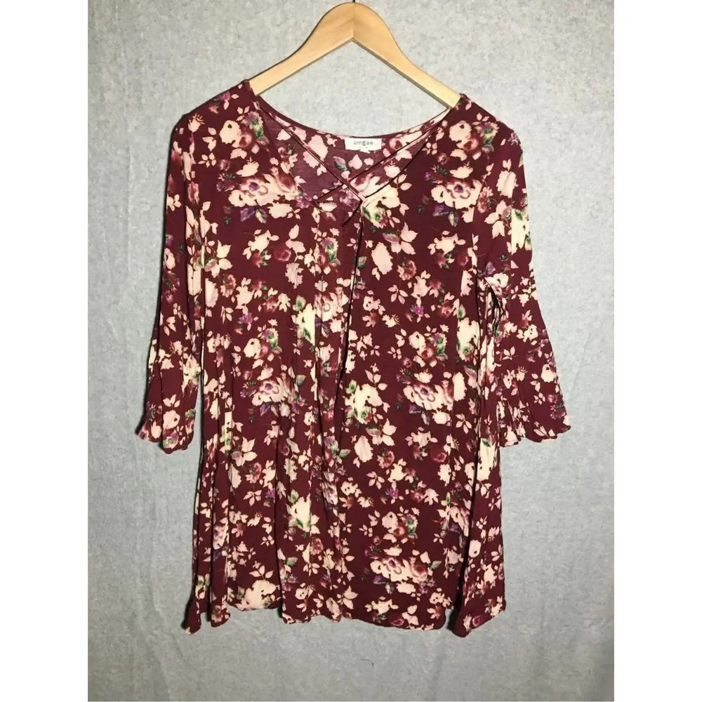 Womens Umgee Dress Maroon Floral Criss Cross Front Bell Sleeve Romantic